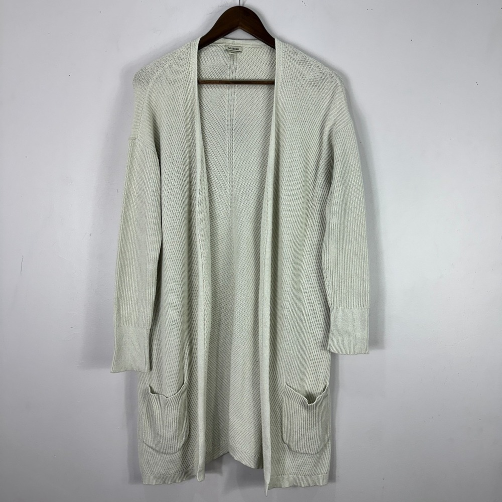 L.L.Bean Cardigan Womens Medium Ivory Cotton‎ Knit Duster Longline Minimalist